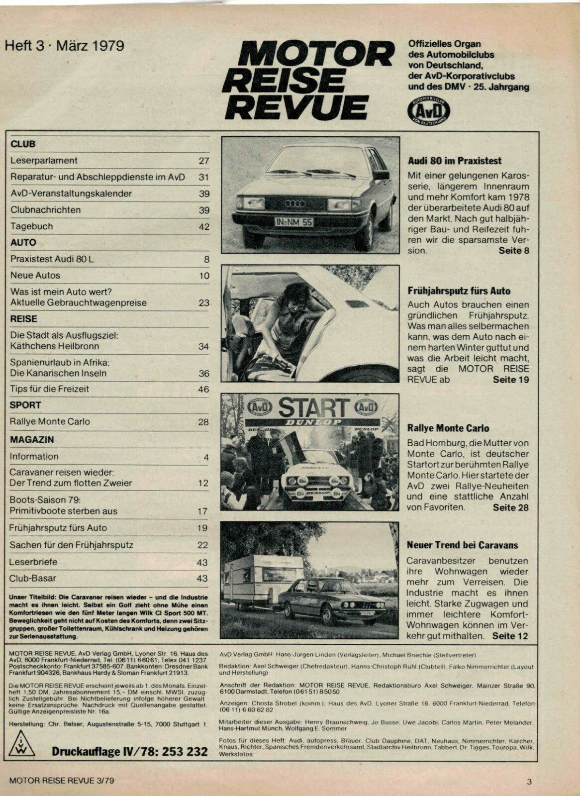 Motor Reise Revue AVD Heft 3 Ausgabe E von 03.1979, Prelude SN, Audi 80, Caravan