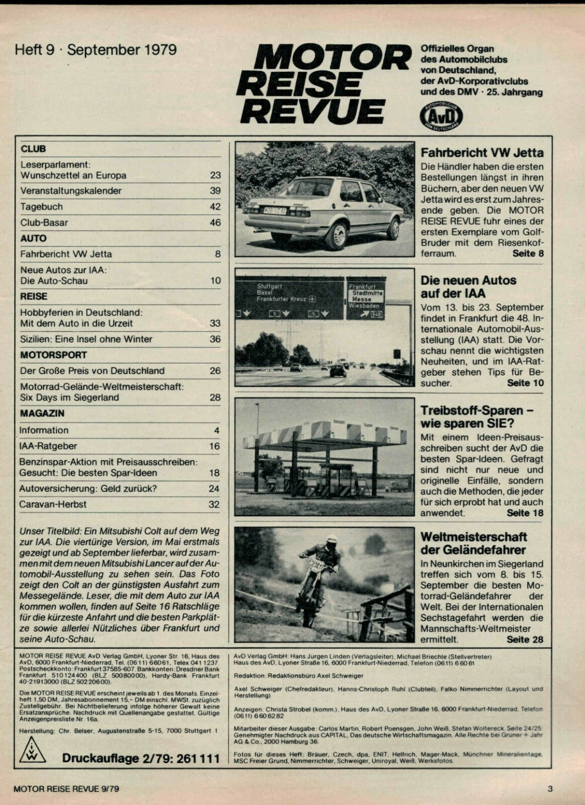 Motor Reise Revue AVD Heft 9 Ausgabe E 09.1979, Prelude SN, VW Jetta 