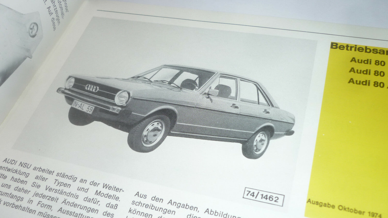 AUDI 80  Betriebsanleitung Ausgabe 10. 1974 Zustand TOP Oldtimer