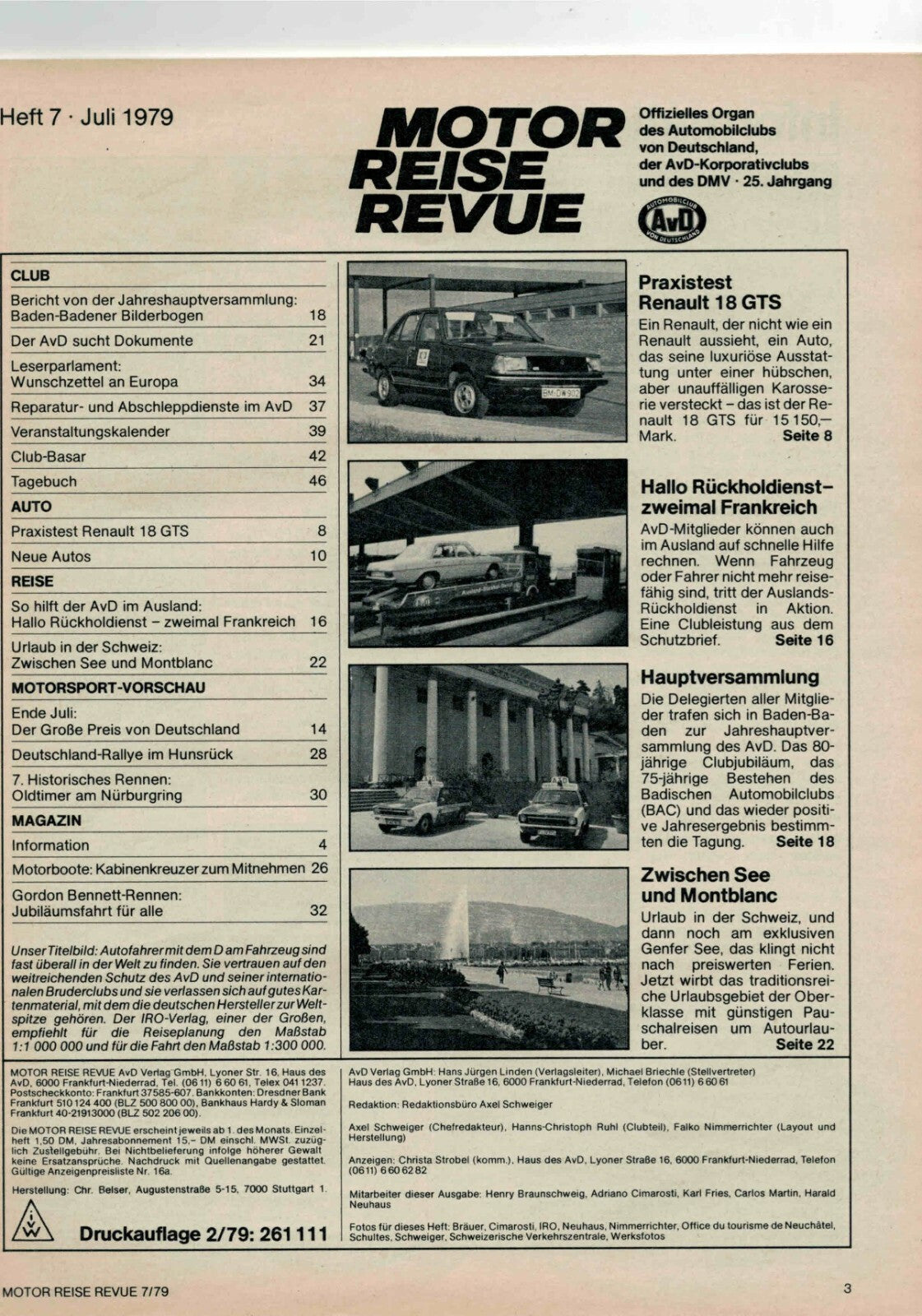 Motor Reise Revue AVD Heft 7 Ausgabe E 07.1979, Prelude SN, Renault 18