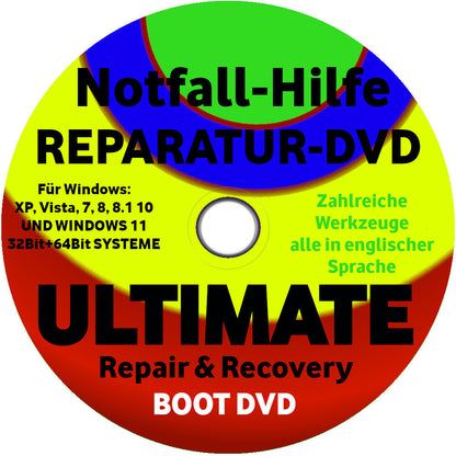 PC Notfall Reparatur Datenrettung Sicherung boot DVD für WINDOWS XP 7 8 10 11